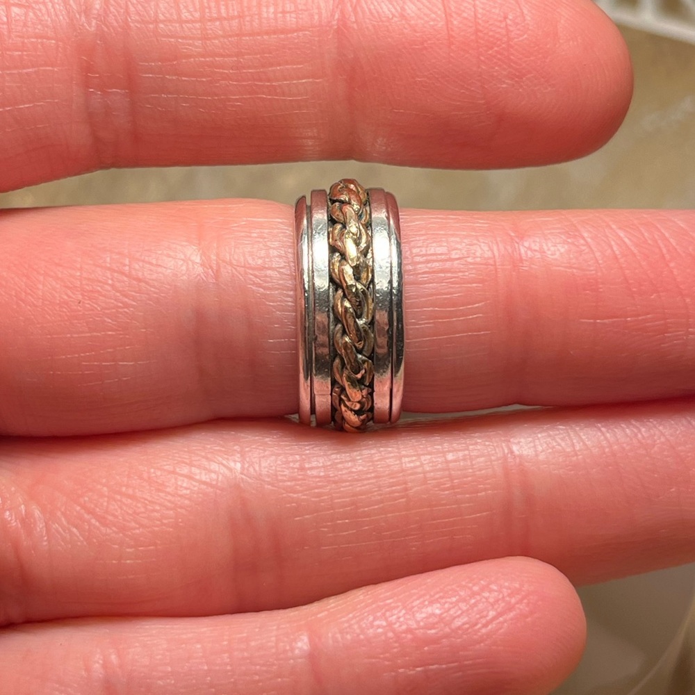Two-tone Rope Braided 925 Sterling Silver Spinner Ring - Picture 6 of 8